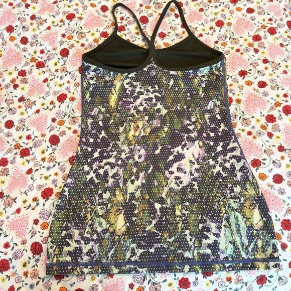 LULULEMON Sz 4 Power Y Tank Top Olive Green Purple Floral Multi Dot - Picture 4 of 5